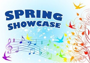Image with birds and music notes with the words Spring Showcase.