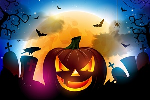 Halloween Pumpkin on spooky Halloween backdrop.